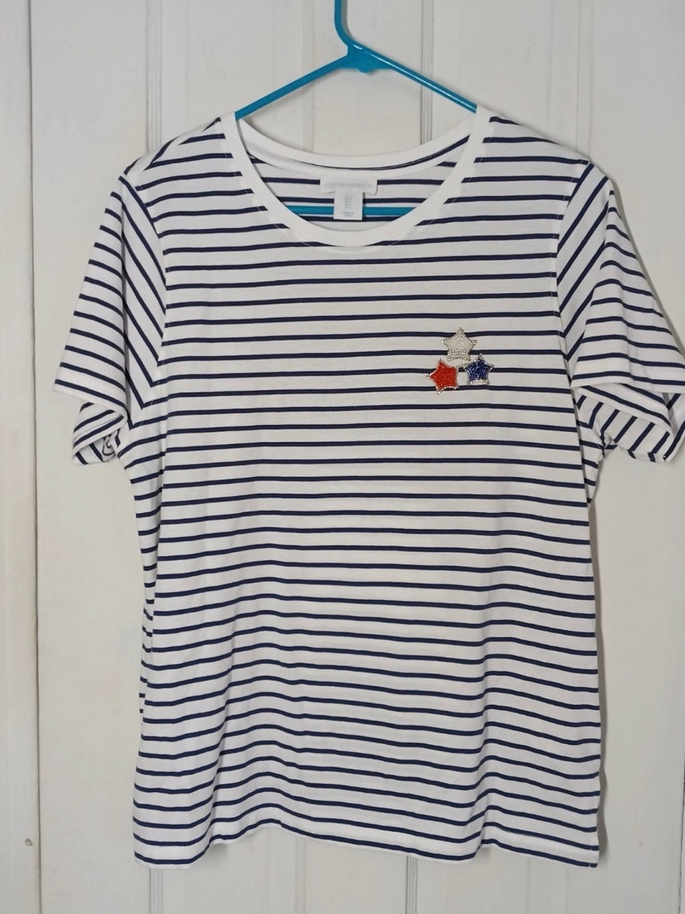 Cynthia Rowley White and Navy Striped Tee with Star Patches; XL 4th of July Gear